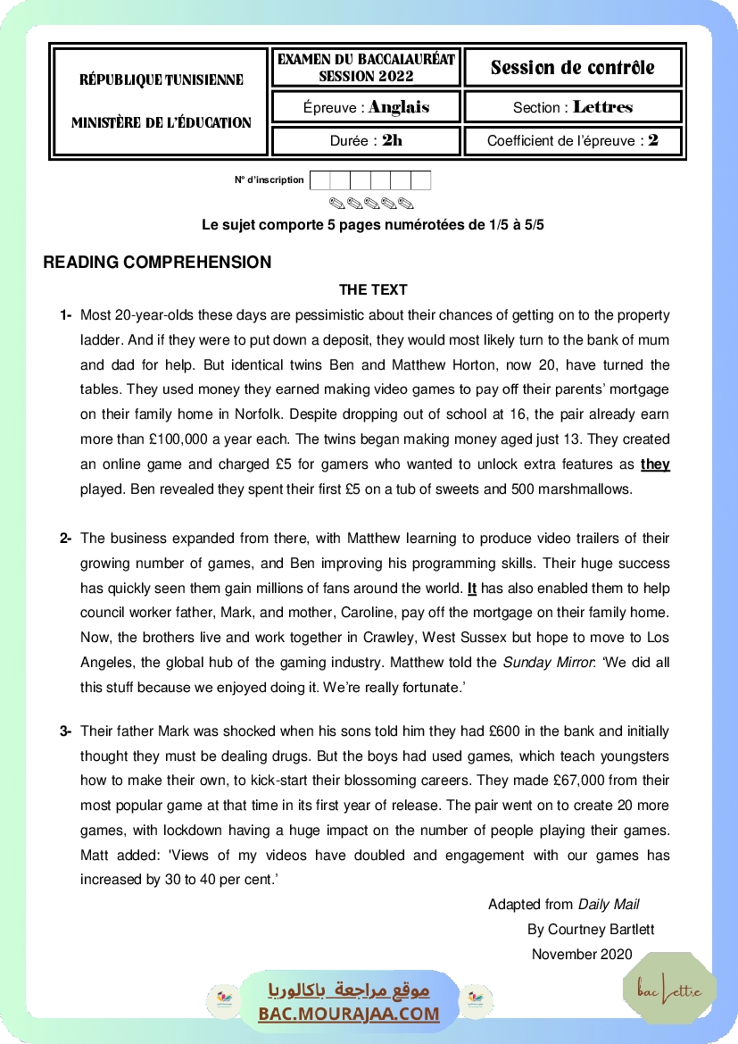 Corrigé controle anglais Bac 2022 – Section lettre